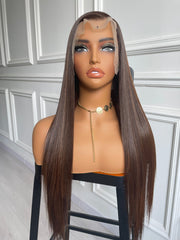 Straight Mixed Dark Brown Human Hair Wig 13x6 Lace Wig Free Part Natural Hairline