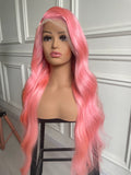 Pink Wavy Lace Front Wig Human Hair