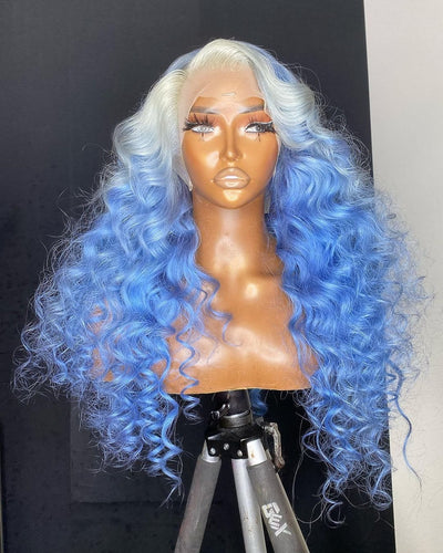 Ocean Blue Loose Curly Lace Front Wig Human Hair Wig